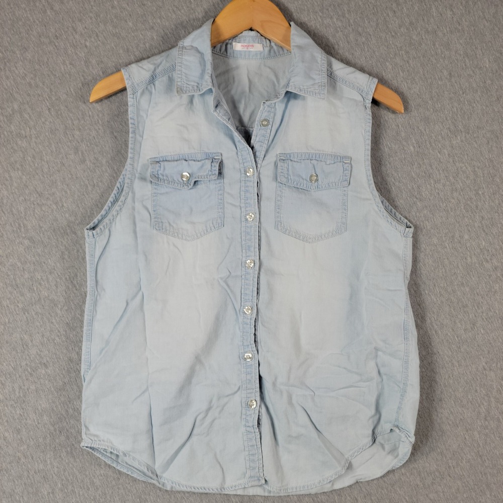 Honeys Sleeveless Denim Top Women Small Light Blue Button Up Western Work Shirt